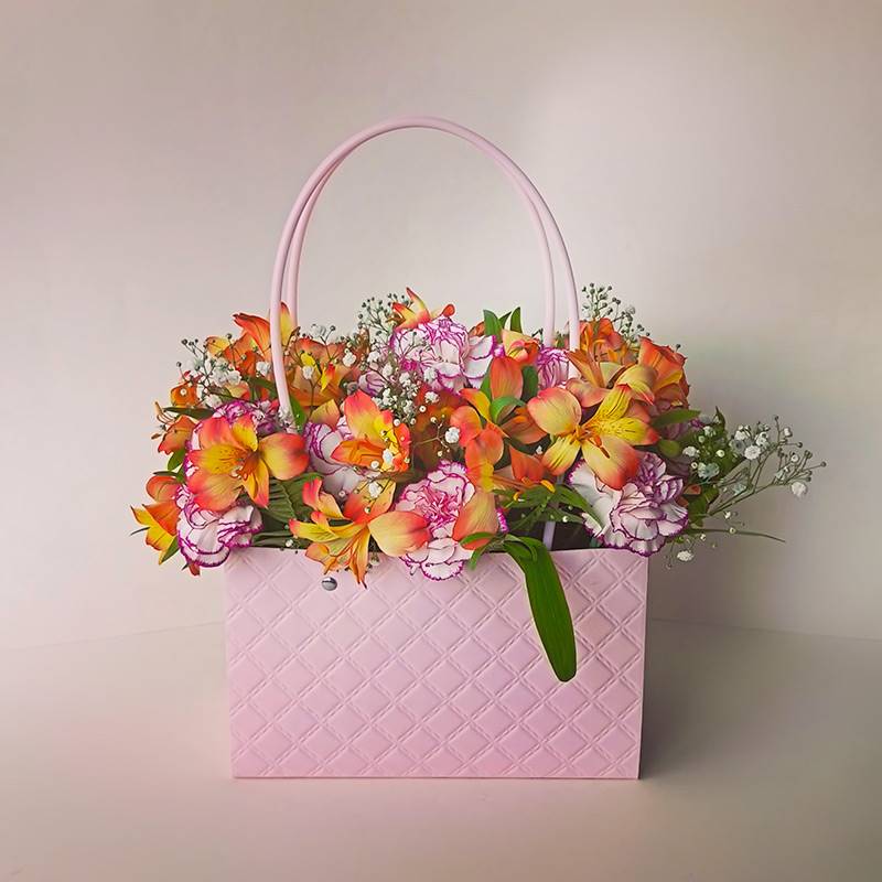 Carnations & Alstromeria Flowers in Paper Tote