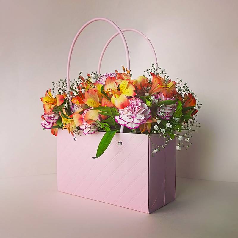 Carnations & Alstromeria Flowers in Paper Tote