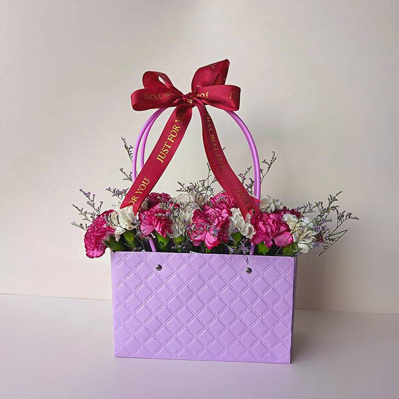 White & Fireberry Pink Carnations in Paper Tote