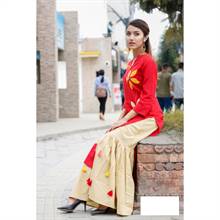 Red Kurti With Cream Garara Set (224-114)