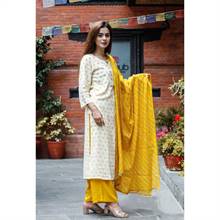 Off White Kurti with Yellow Plazo and Shawl Set (322-114)