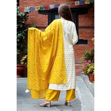Off White Kurti with Yellow Plazo and Shawl Set (322-114)