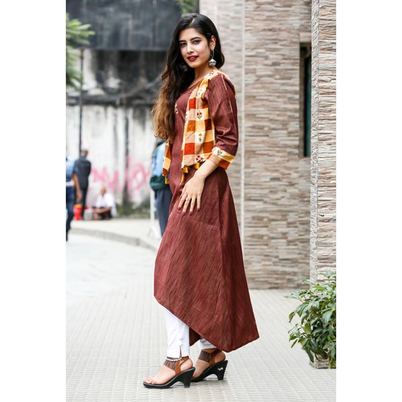 Coffee Color Attached Waist Coat A-Cut Design Long Kurti for Women (396-098)