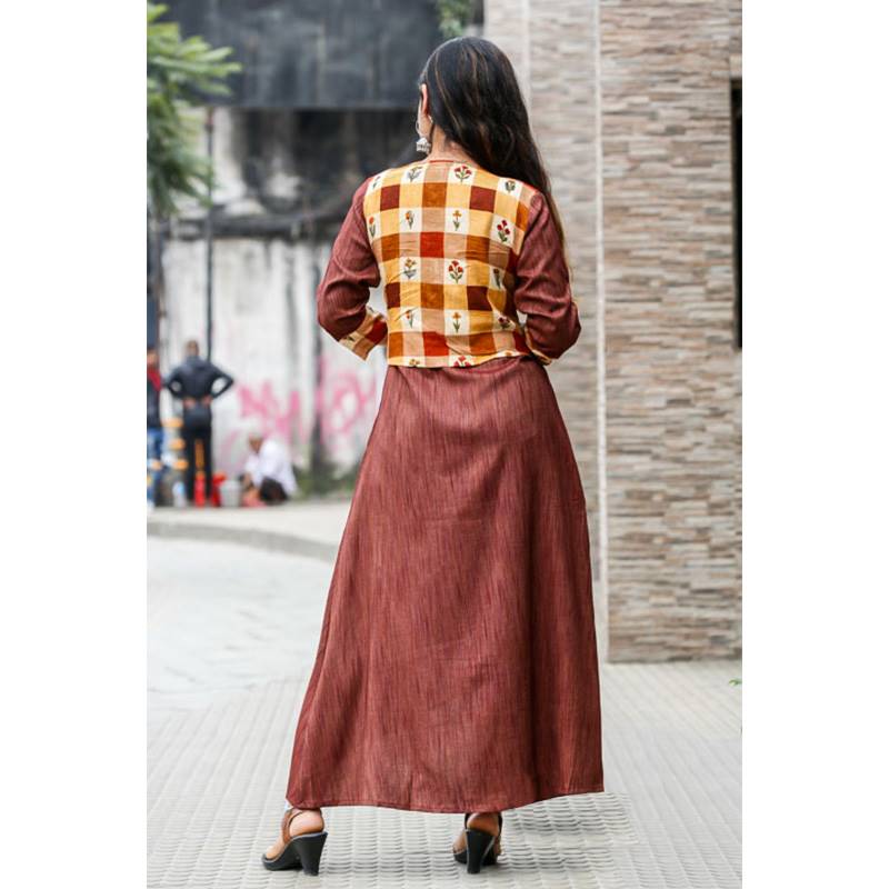 Coffee Color Attached Waist Coat A-Cut Design Long Kurti for Women (396-098)