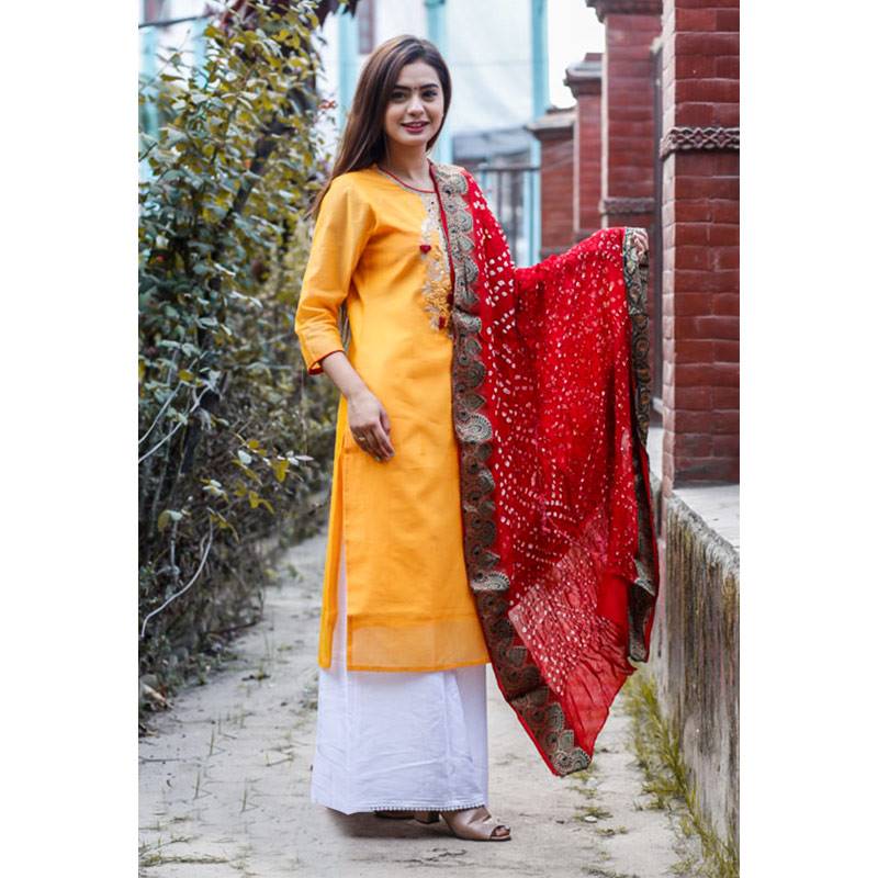 Light Orange Embroidery/Mirror Worked Kurti with Red Shawl for Women (419-101)