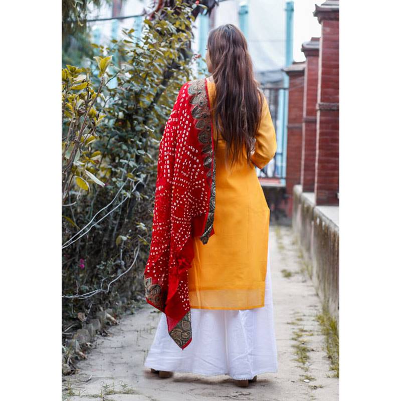 Light Orange Embroidery/Mirror Worked Kurti with Red Shawl for Women (419-101)