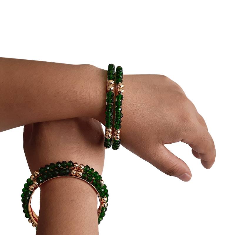 Green Crystal and Golden Studs Bangles (2 Pairs)