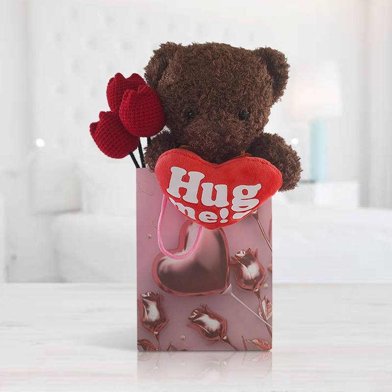 Hug Me Hallmark Teddy with Crochet Tulip Poms in a Gift Bag