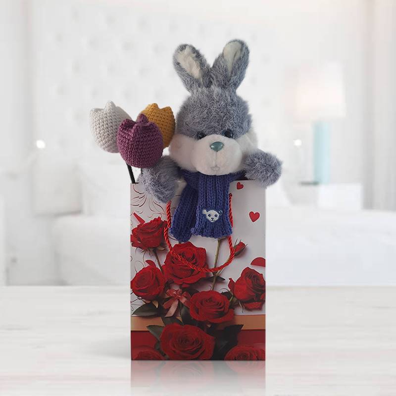 Oreo Archies Bunny with Crochet Tulip Poms in a Gift Bag