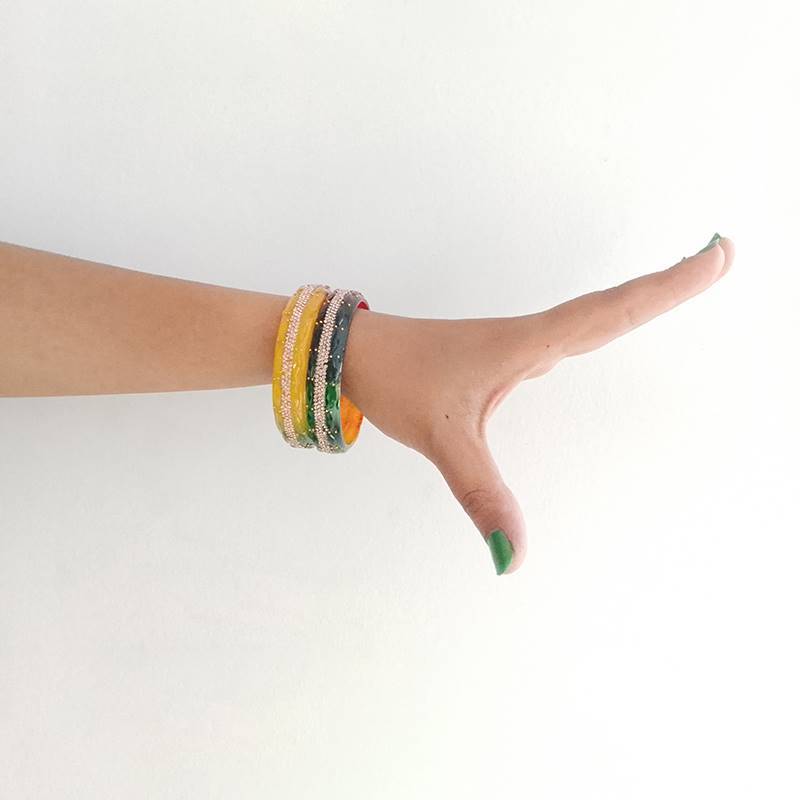 Green & Yellow Bangles with Golden Stones (Set of 2)