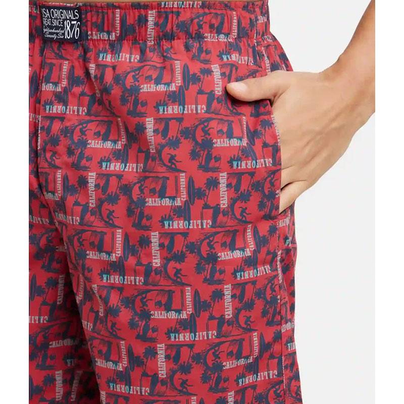 Jockey Super Combed Mercerized Cotton Woven Printed Boxer Shorts with Side Pockets - Brick Red #US57