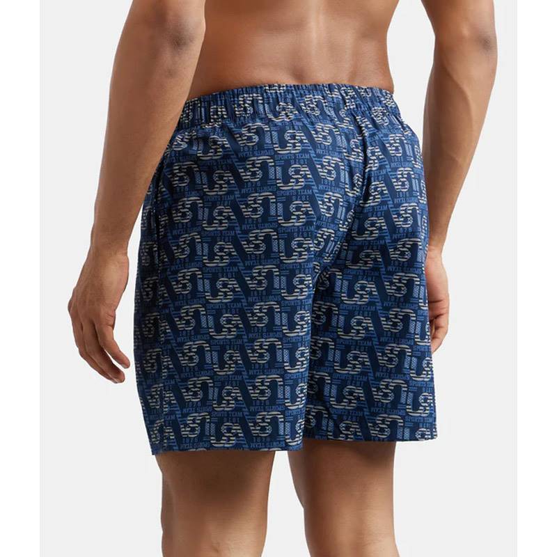 Jockey Super Combed Mercerized Cotton Woven Printed Boxer Shorts with Side Pockets - Navy #US57