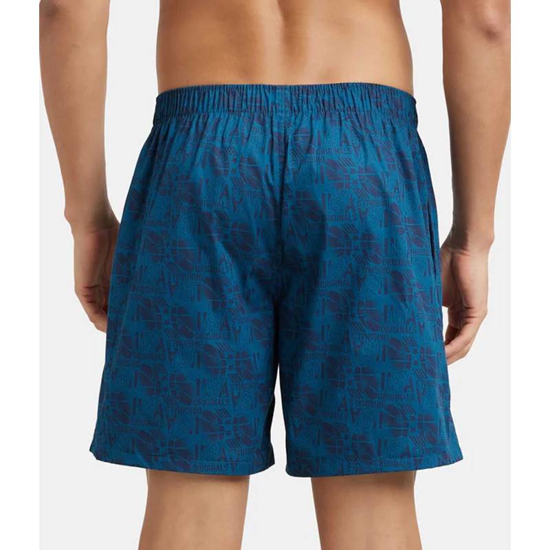 Jockey Super Combed Mercerized Cotton Woven Printed Boxer Shorts with Side Pockets - Seaport Teal #US57