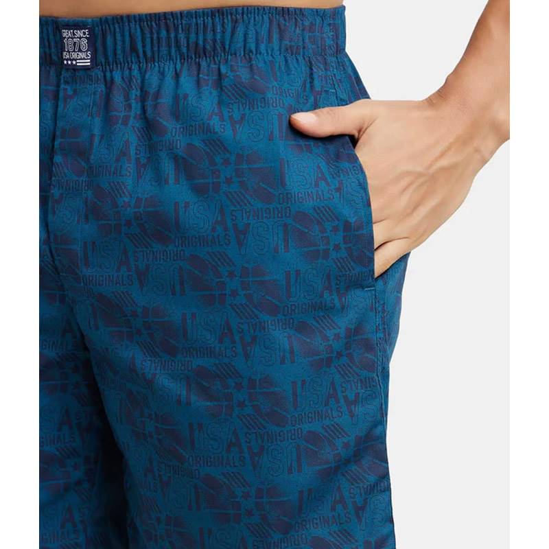 Jockey Super Combed Mercerized Cotton Woven Printed Boxer Shorts with Side Pockets - Seaport Teal #US57