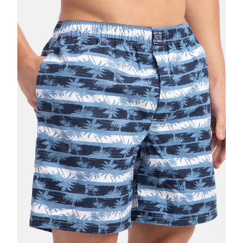 Jockey Super Combed Mercerized Cotton Woven Printed Boxer Shorts with Side Pockets - Blue Heaven #US57