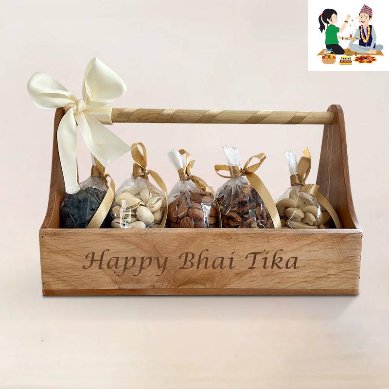 Bhai Tika Wooden Carrier with Dry Nuts