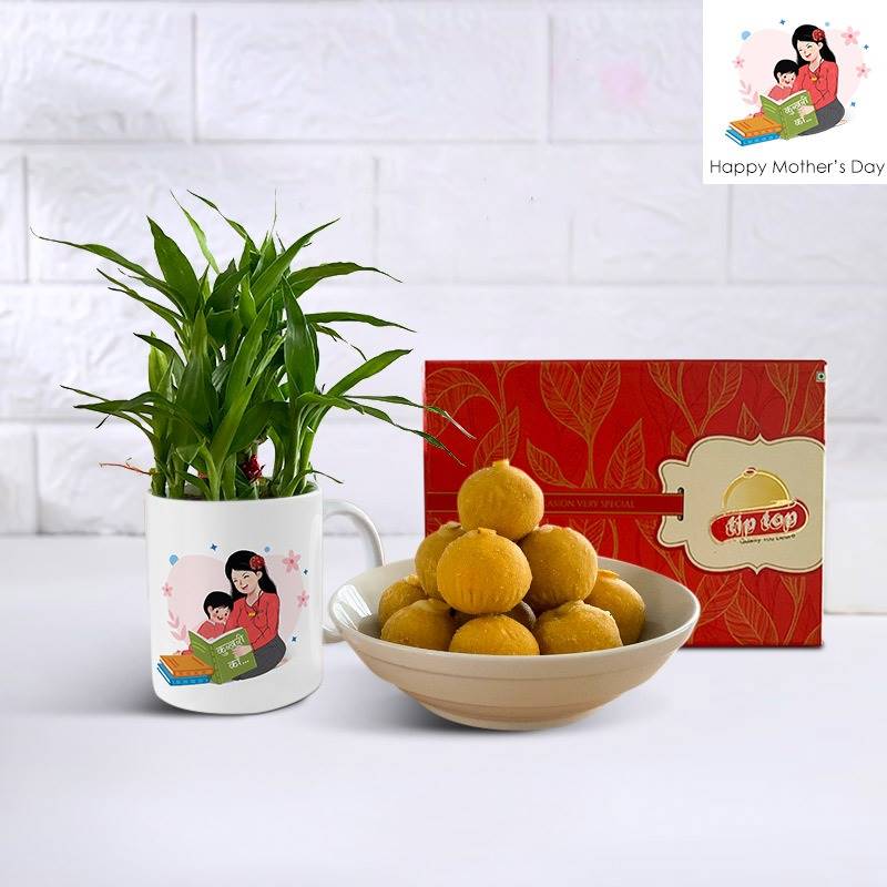 Lucky Bamboo with My Dearest Mom Mug and Besan Laddoo