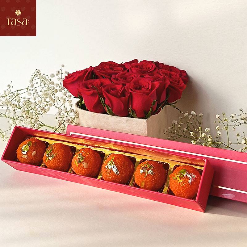 Rasa: Artisanal 6 pc Motichoor Laddoo Mithai Box with Roses