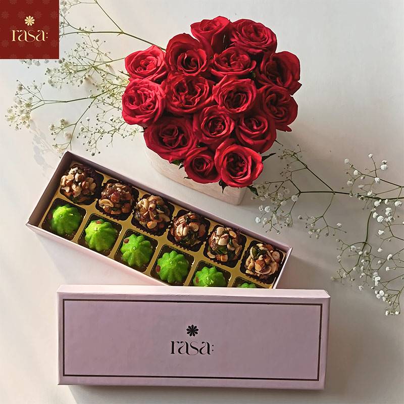 Rasa: Artisanal 12 pc Dry Fruits Laddoo & Modak Mithai Box with Roses