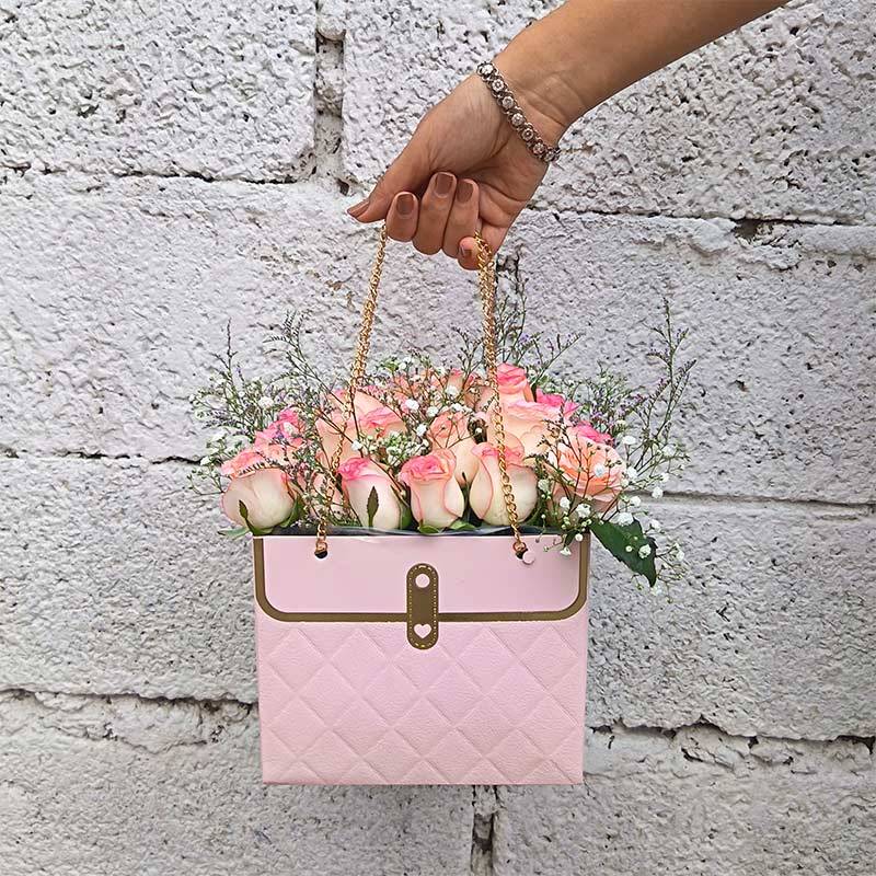 Pink Blush Roses in Paper Tote 