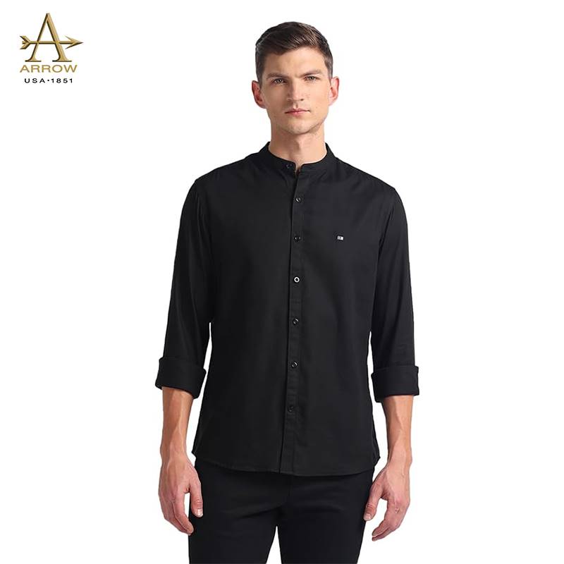 Arrow Black Cotton Solid Mandarin Collar Slim Fit Casual Shirt (ASAHSH1382)