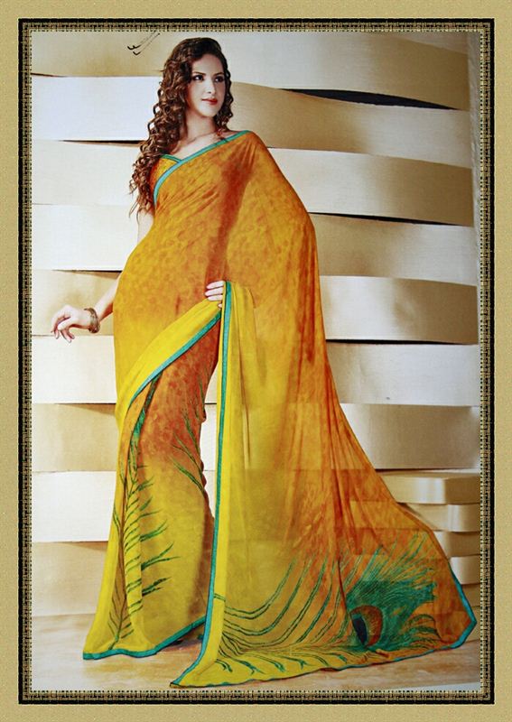 Mayur Print Saree in georgette in lemon color(ktmgeo6)