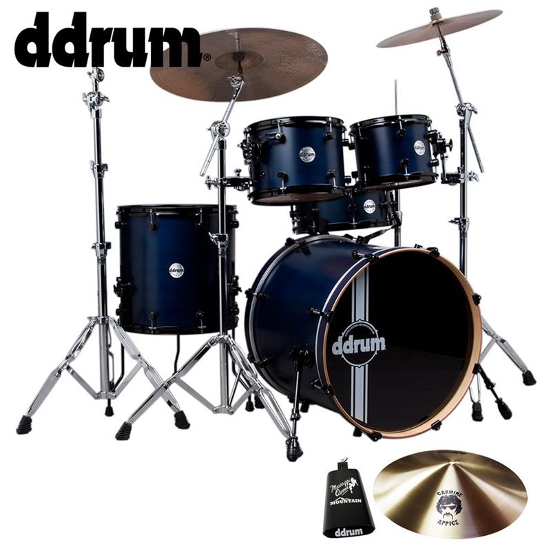Ddrum REFLEX RSL 5 PC BLS KIT 1 Reflex RSL 5 Piece Drum Kit with 12 Inch Effects Cymbal and Cow Bell Satin Blue