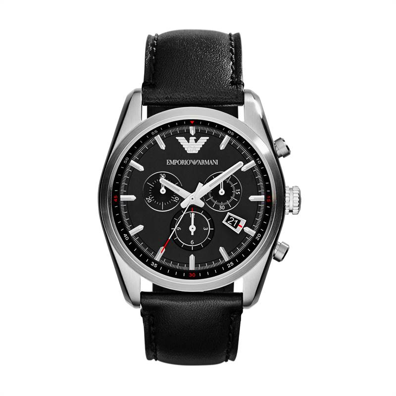 Emporio Armani Black Dial Black Leather Strap Mens Watch AR6039