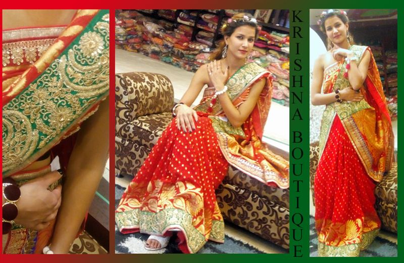High quality fancy fabric self print saree with border in red.(red07)