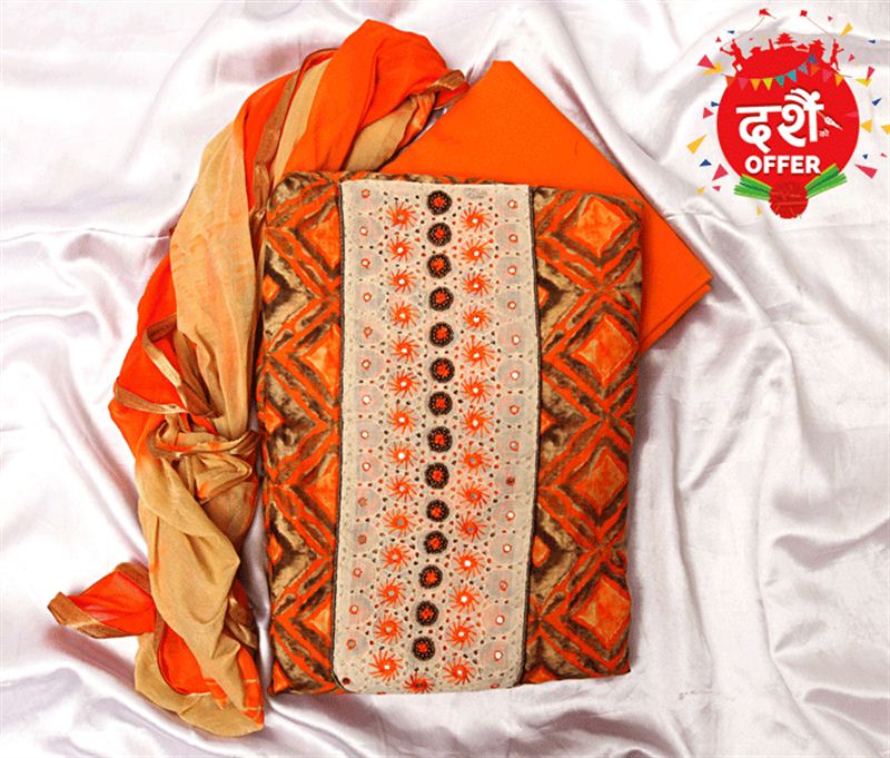 Orange Kurta Set with Chikan Work (Unstitched Set)