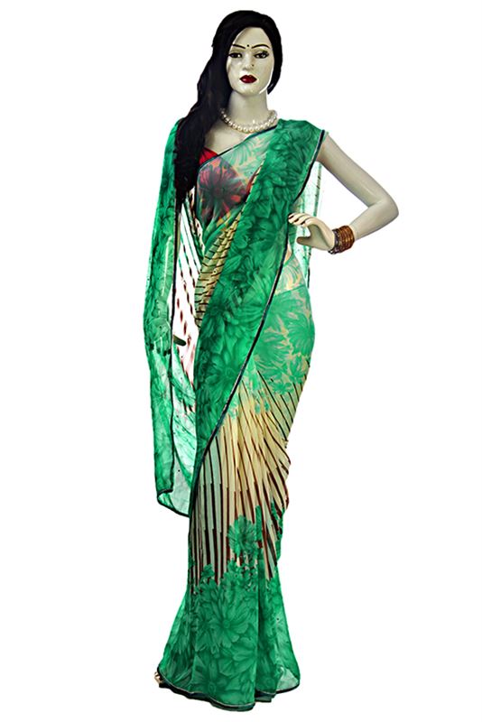 Floral Printed Green Saree