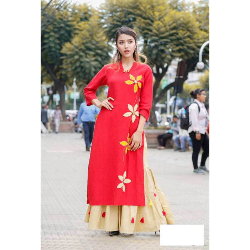 Red Kurti With Cream Garara Set (224-114)