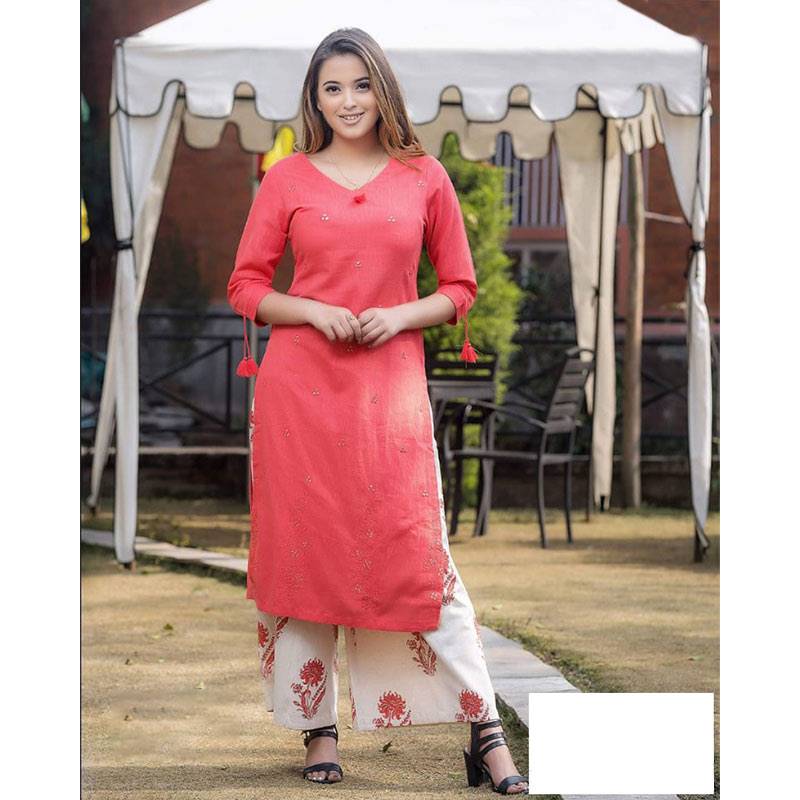 Pink Kurti With Off White Plazo Set (096-89)