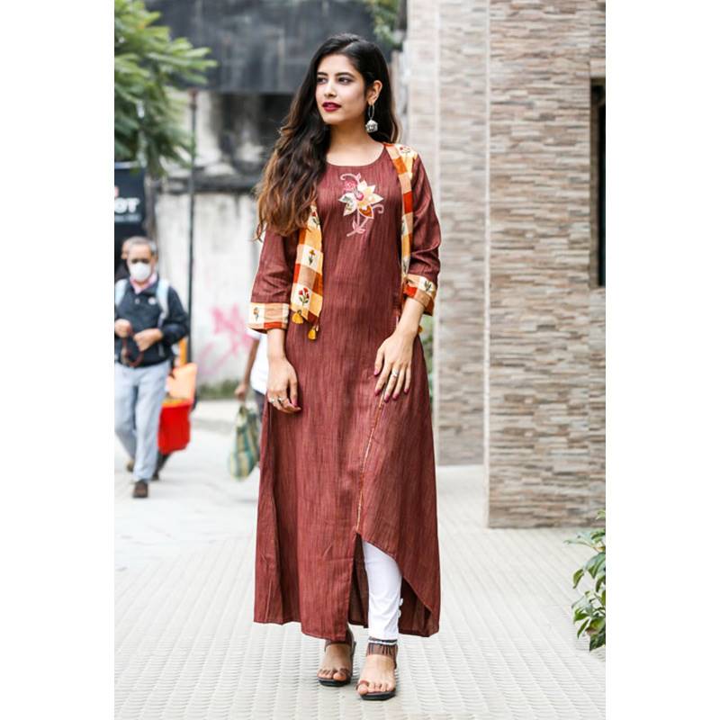 Coffee Color Attached Waist Coat A-Cut Design Long Kurti for Women (396-098)