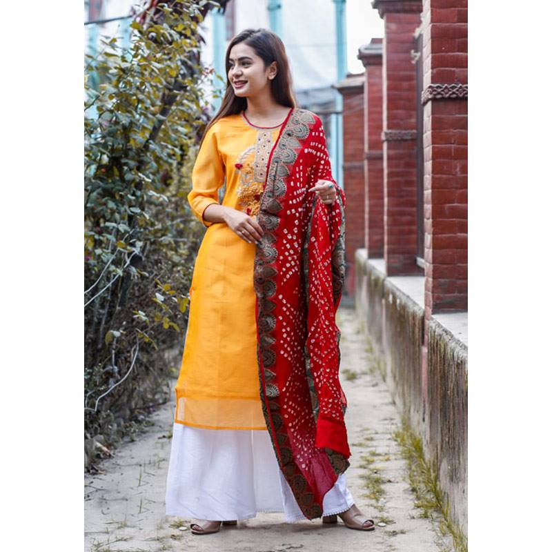 Light Orange Embroidery/Mirror Worked Kurti with Red Shawl for Women (419-101)