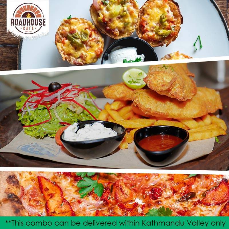 Roadhouse Pizza, Loaded Potato Skin and Fish & Chips