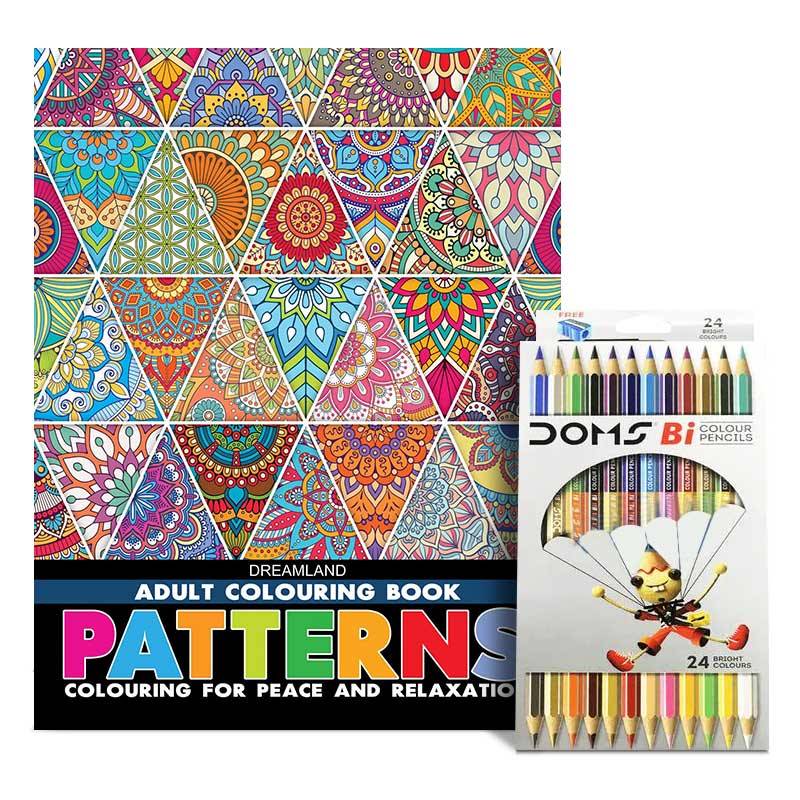 Dreamland Adult Coloring Book Patterns & DOMS Full-size Color Pencils (12 Shades)