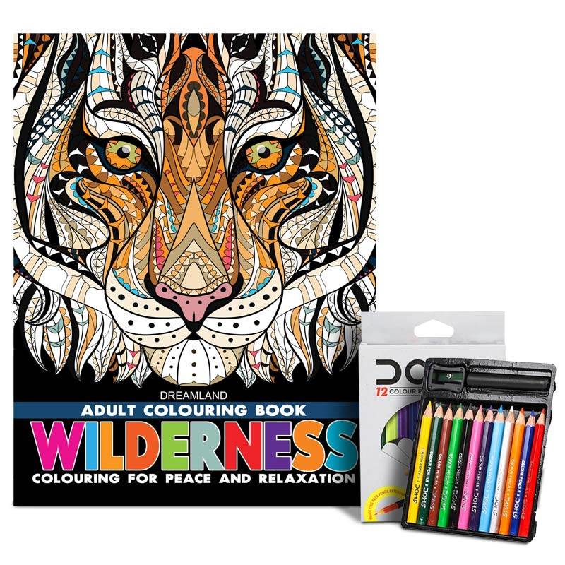 Dreamland Adult Coloring Book Wilderness & DOMS Half-size Color Pencils (12 Shades)