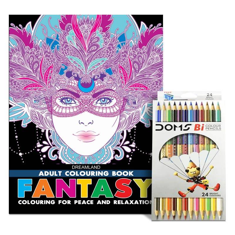 Dreamland Adult Coloring Book Fantasy & DOMS Full-size Color Pencils (12 Shades)