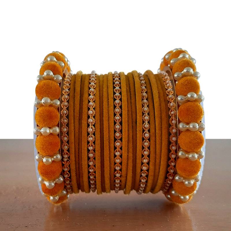 Yellow Velvet Bangles with Pearls (Set of 23)