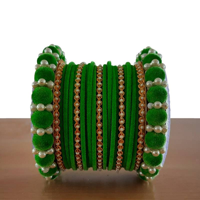 Light Green Velvet Bangle Set with Pearls(Set of 23)