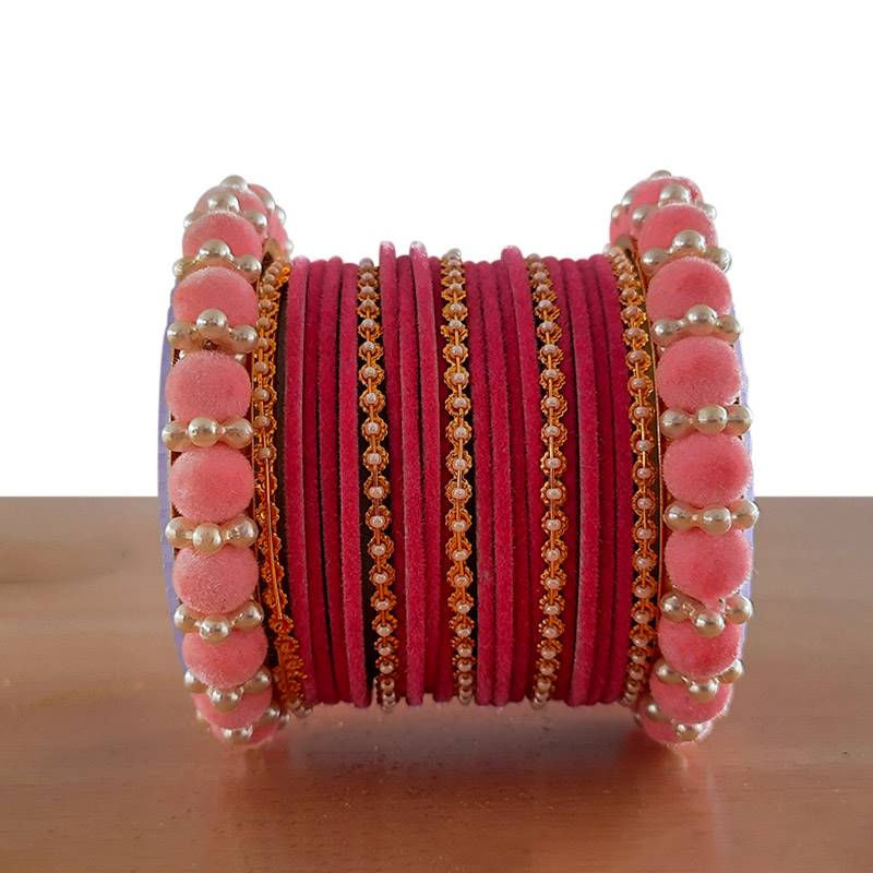 Light Pink Velvet Bangle Set with Pearls (Set of 23)