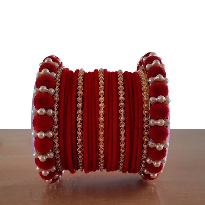 Red Velvet Bangle Set with Pearls ( Set of 23)