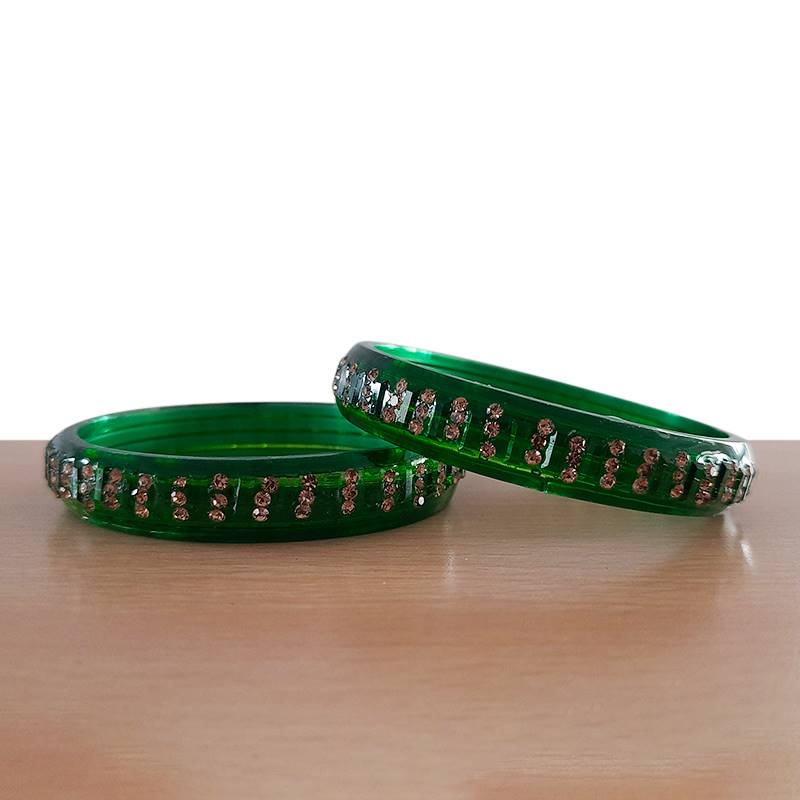 Green Glass Bangles with Small Vertical Crystals (Set of 2 )