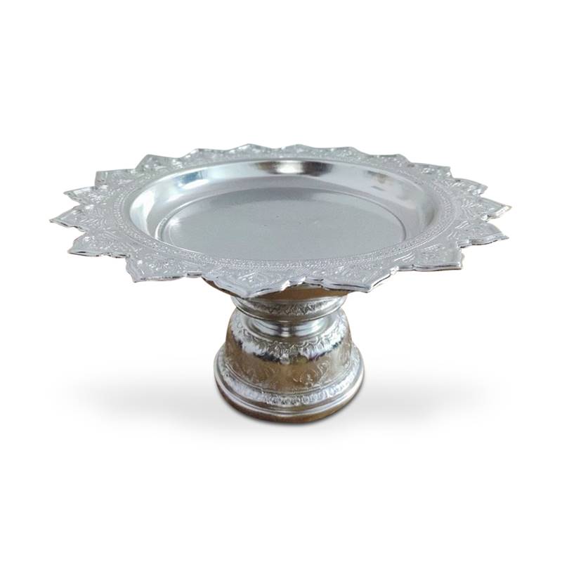 24 cm Thai Silver Coated Aluminium Traditional Style Tray With Pedestal For Worship(Tika Thali)