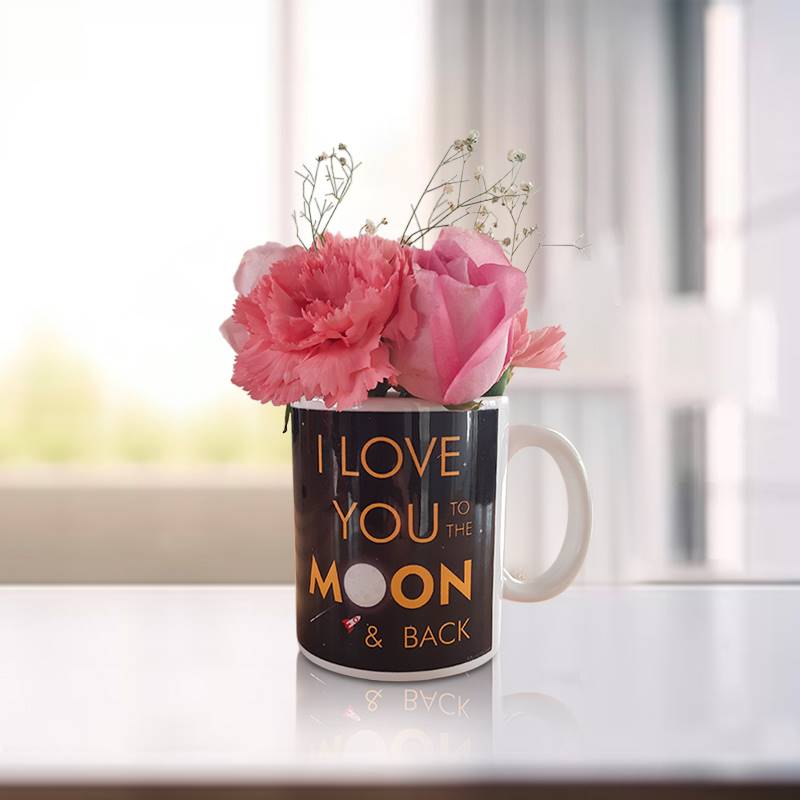 I Love You to the Moon & Back Mug with Pink Roses and Carnations