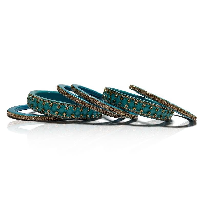 Light Blue Plastic Bangles with Crystals (Set of 6)