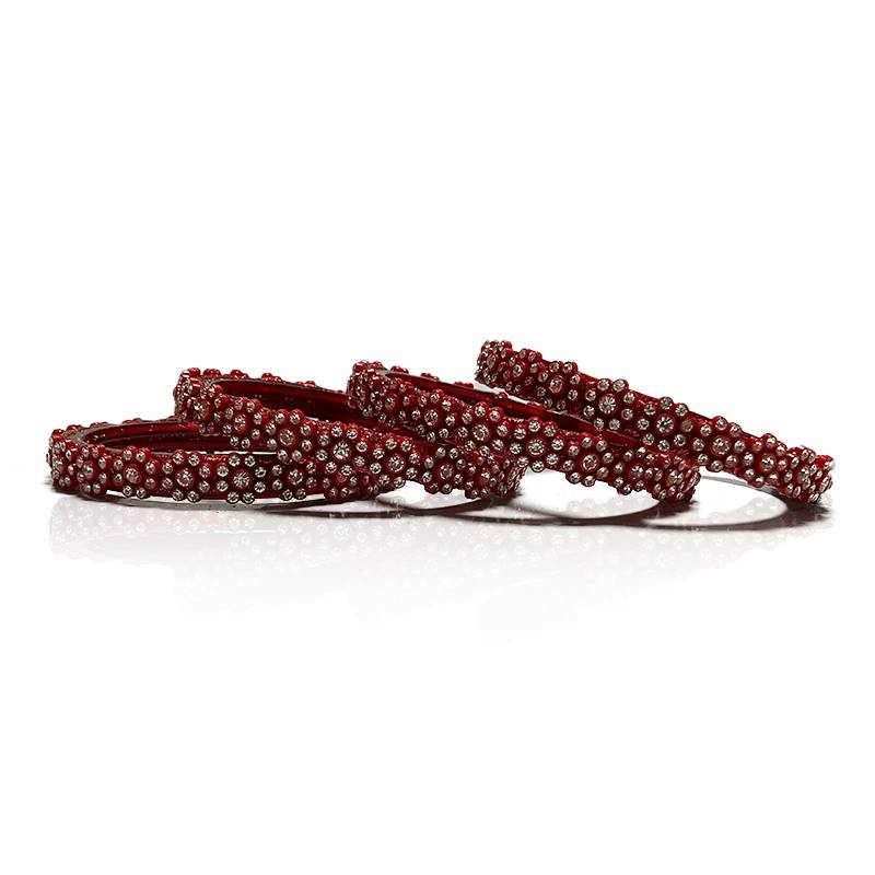 Red Flower Plastic Bangles with Transparent Crystals (Set of 4 )