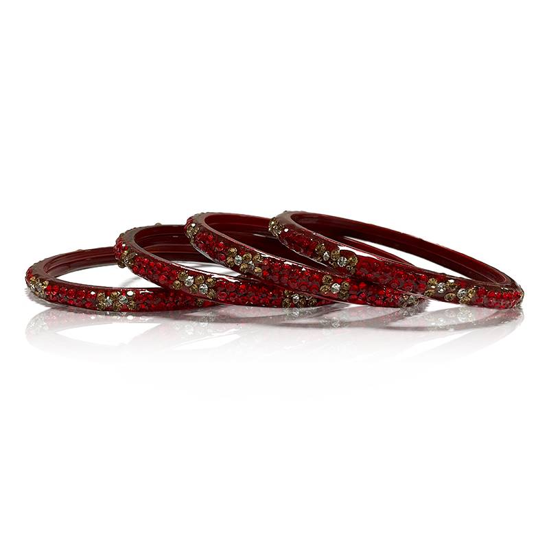 Maroon Bangles with red and golden crystals (Set of 4)