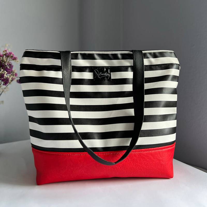 Black & White Stripes Tote Bag with Black Bottom by Swika